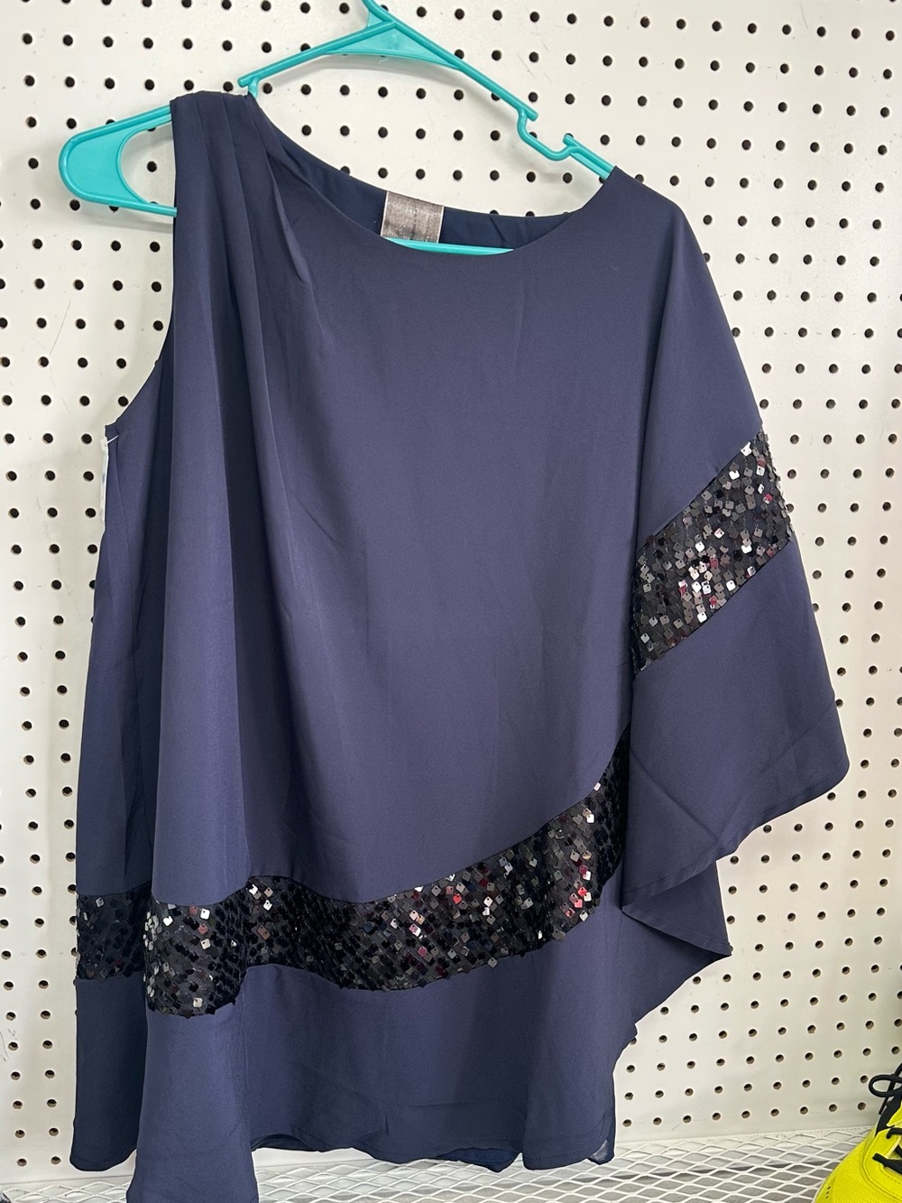 Max & Cleo Navy One-Shoulder Sequin-Trim Blouse